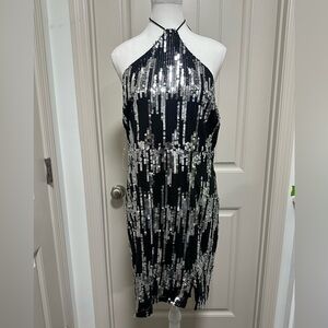 Fashion Nova Black and Silver Sequin Backless Dress